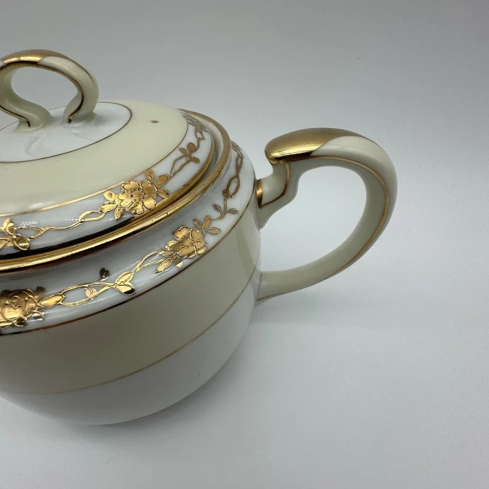 Antique Nippon Hand Painted Tea Set Gold Moriage Floral Teapot Sugar Creamer 3pc